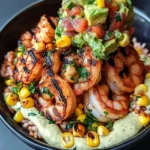 Grilled Shrimp Bowl with Avocado, Corn Salsa & Creamy Sauce