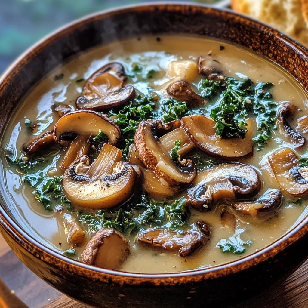 Wild Mushroom, Caramelized Onion and Kale Soup