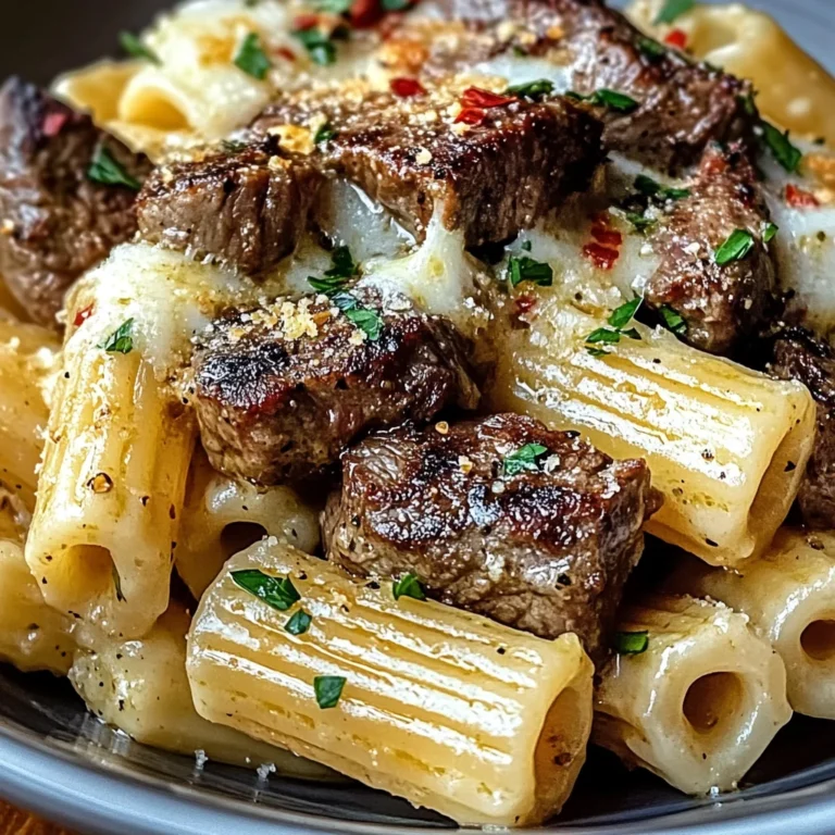Garlic Butter Steak Tips with Cheesy Rigatoni