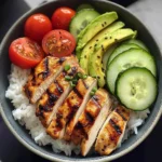 Grilled Chicken Rice Bowl with Avocado, Cucumber & Cherry Tomatoes