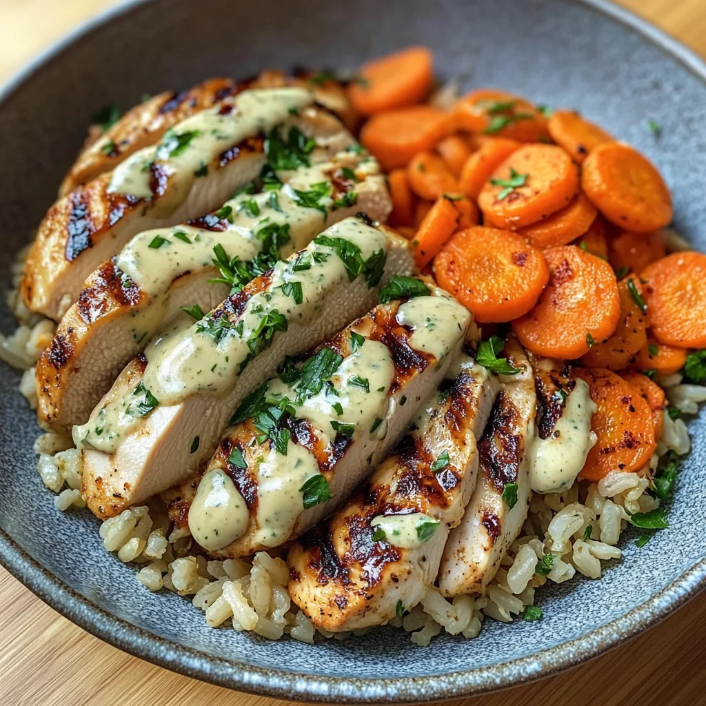 Grilled Chicken Rice Bowl with Creamy Herb Sauce & Carrots