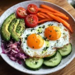 Rainbow Veggie and Sauerkraut Plate with Sunny Eggs