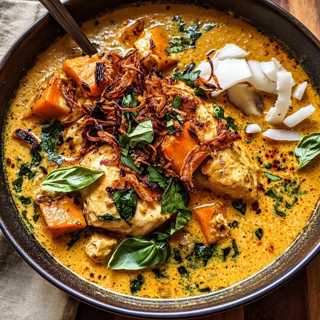 Crockpot Coconut Chicken Curry with Crispy Shallot Basil Oil